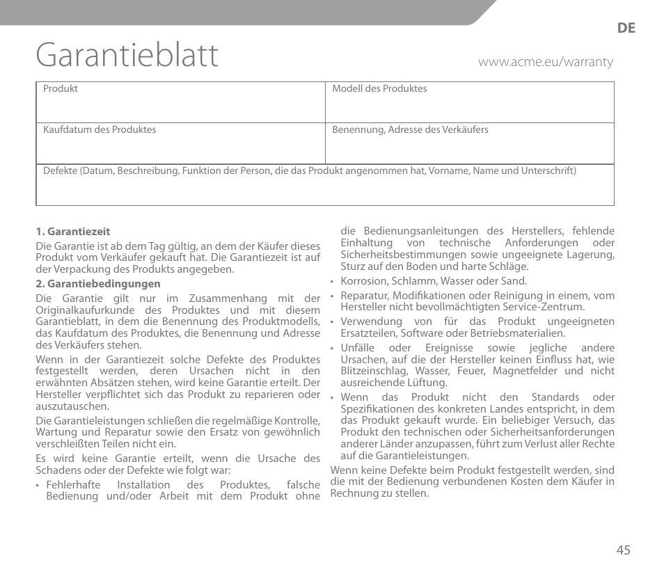 Garantieblatt | Acme KS01 User Manual | Page 45 / 52