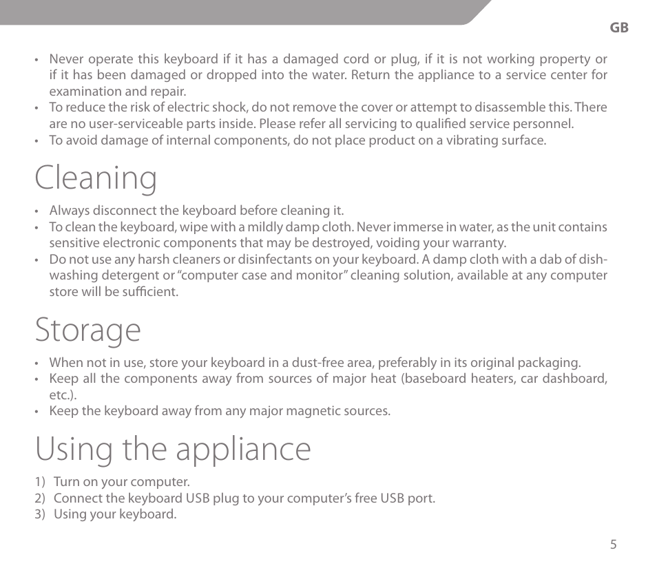 Cleaning, Storage, Using the appliance | Acme KS01 User Manual | Page 5 / 52