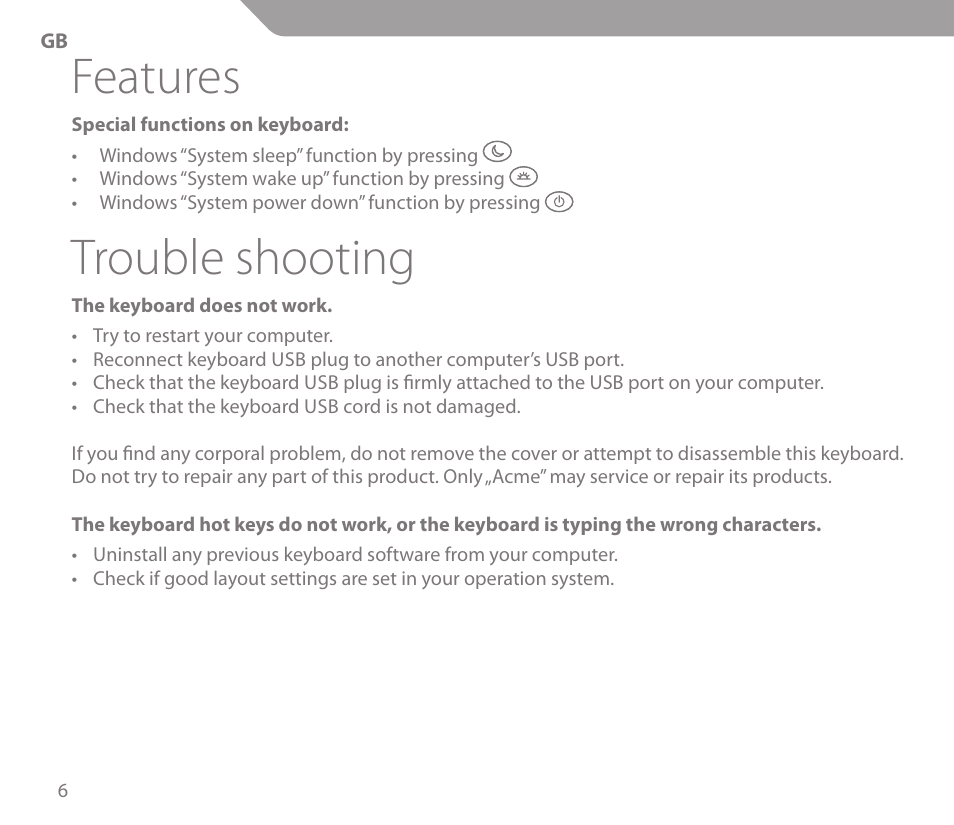 Features, Trouble shooting | Acme KS01 User Manual | Page 6 / 52