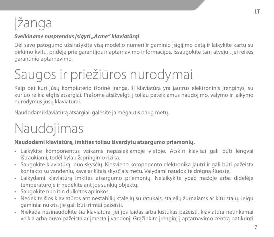 Įžanga, Saugos ir priežiūros nurodymai, Naudojimas | Acme KS01 User Manual | Page 7 / 52