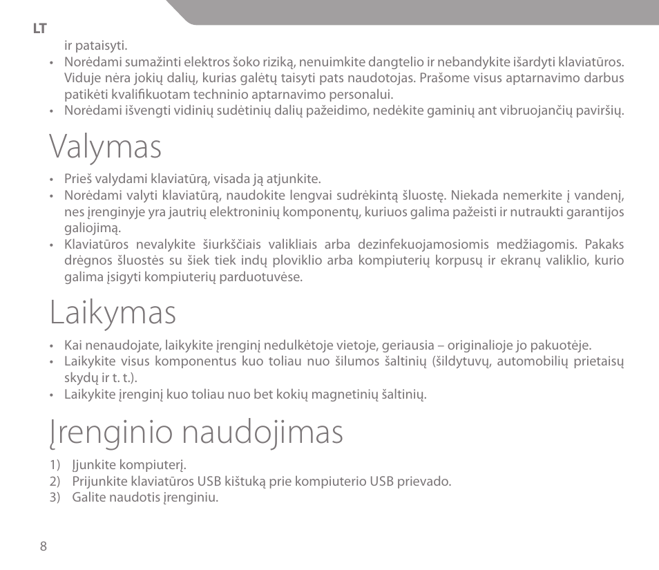 Valymas, Laikymas, Įrenginio naudojimas | Acme KS01 User Manual | Page 8 / 52