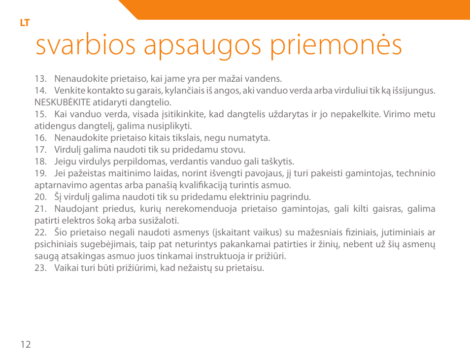 Svarbios apsaugos priemonės | Acme KA-200 User Manual | Page 12 / 78