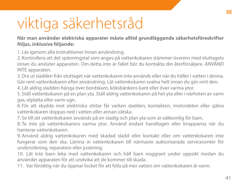 Viktiga säkerhetsråd | Acme KA-200 User Manual | Page 41 / 78