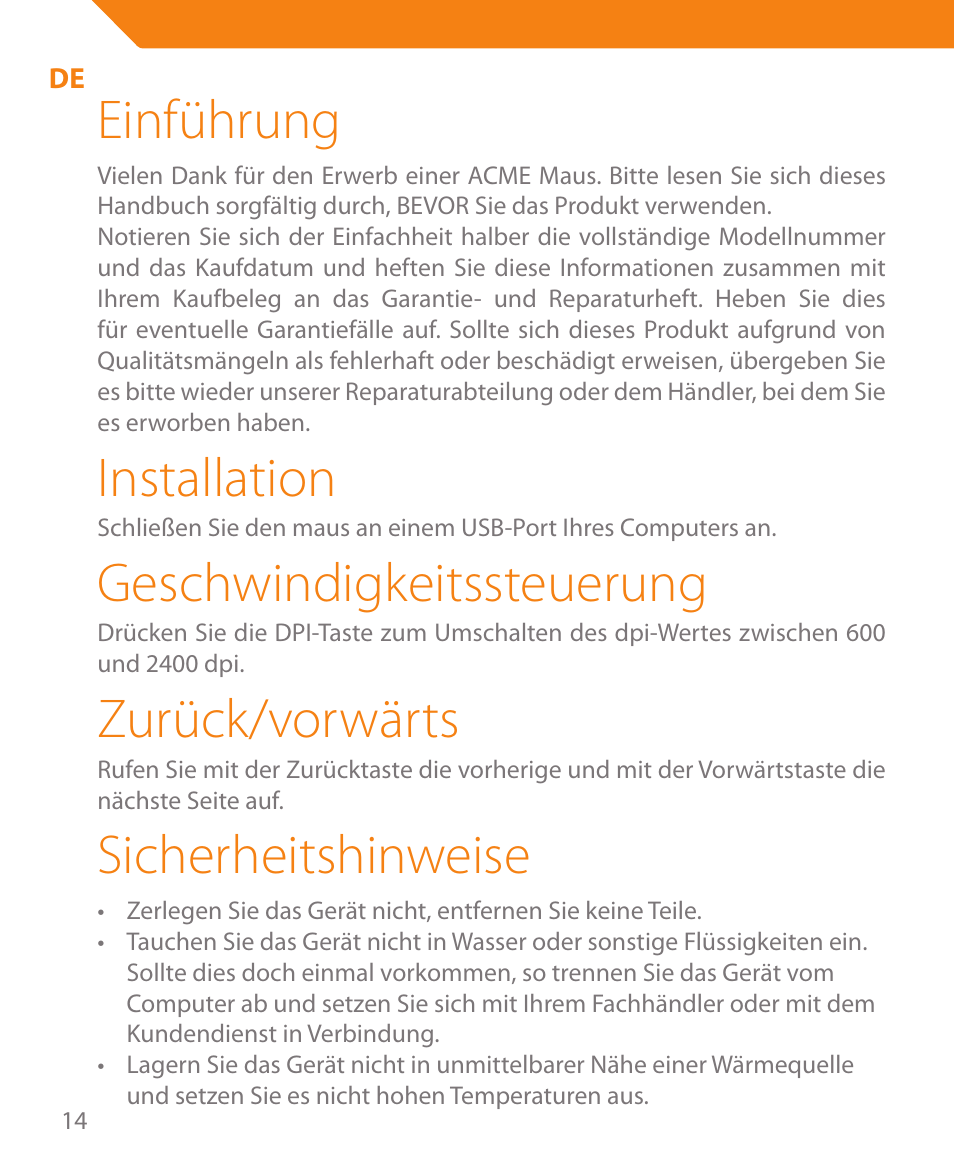 Einführung, Installation, Geschwindigkeitssteuerung | Zurück/vorwärts, Sicherheitshinweise | Acme MA05 User Manual | Page 14 / 44