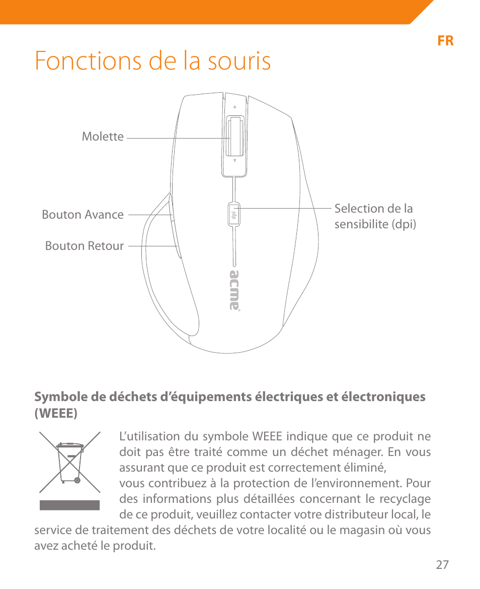 Fonctions de la souris | Acme MA05 User Manual | Page 27 / 44