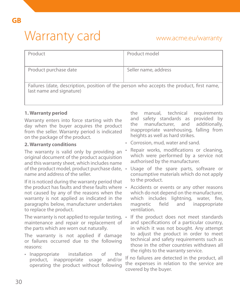 Warranty card | Acme MA05 User Manual | Page 30 / 44