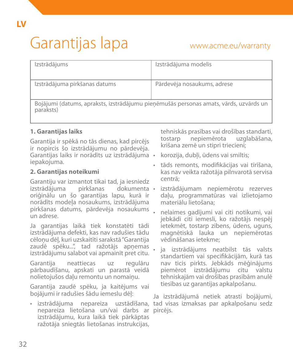 Garantijas lapa | Acme MA05 User Manual | Page 32 / 44