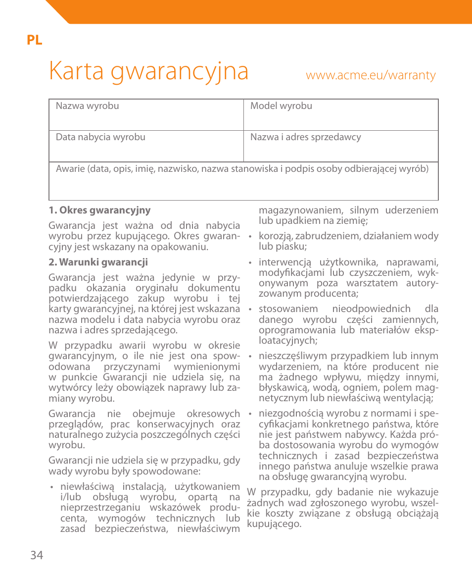 Karta gwarancyjna | Acme MA05 User Manual | Page 34 / 44