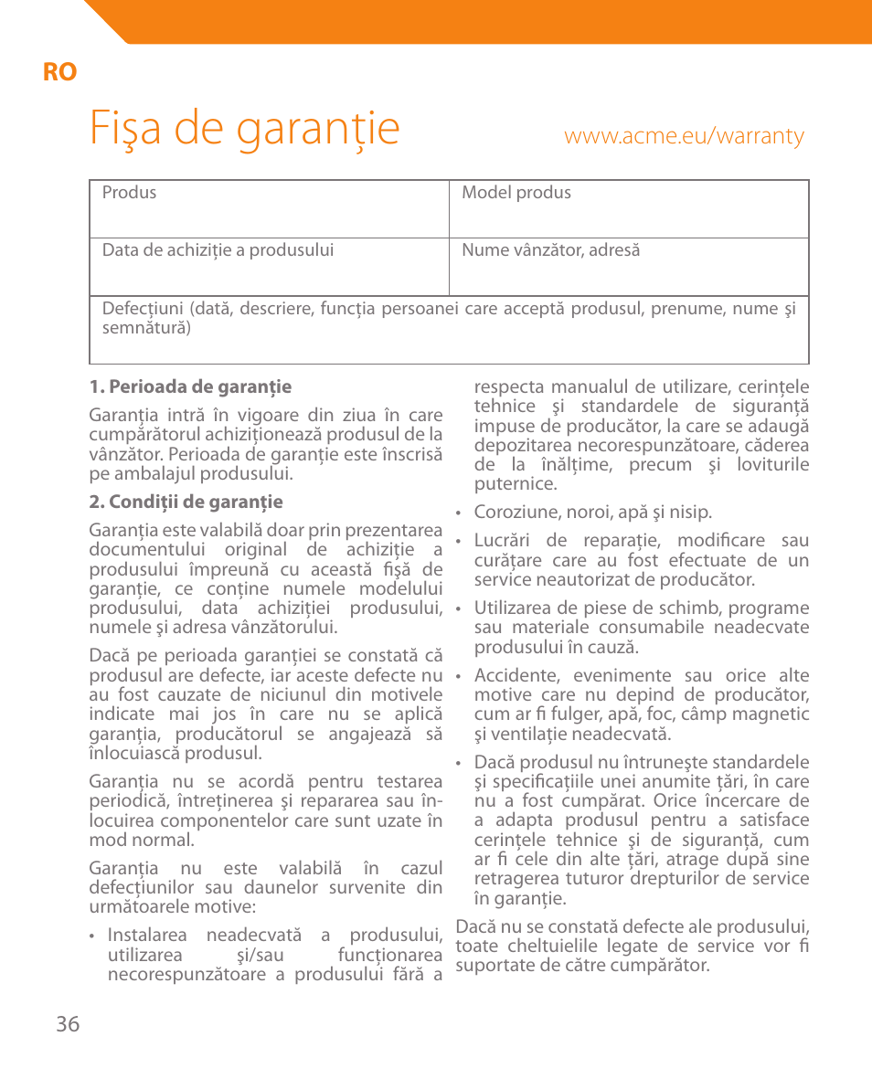 Fişa de garanţie | Acme MA05 User Manual | Page 36 / 44