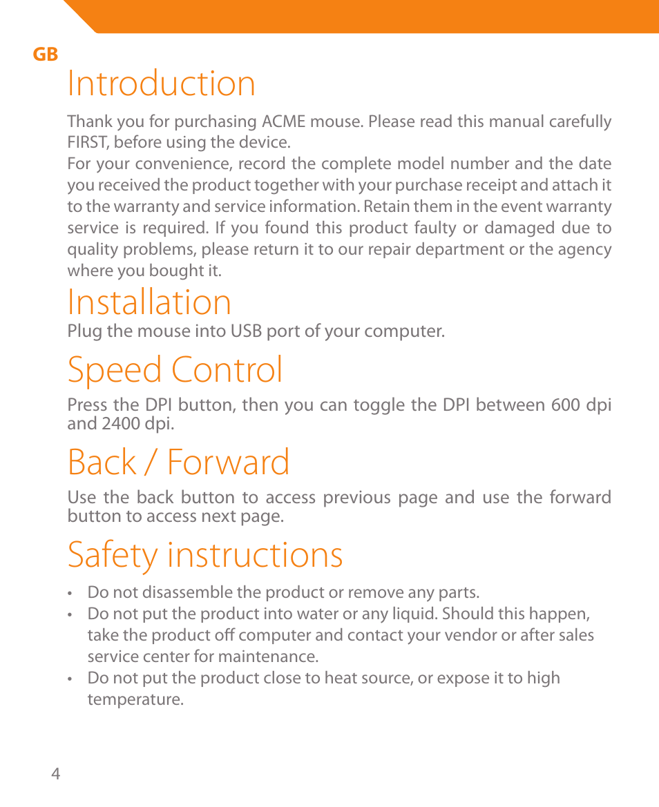 Introduction, Installation, Speed control | Back / forward, Safety instructions | Acme MA05 User Manual | Page 4 / 44
