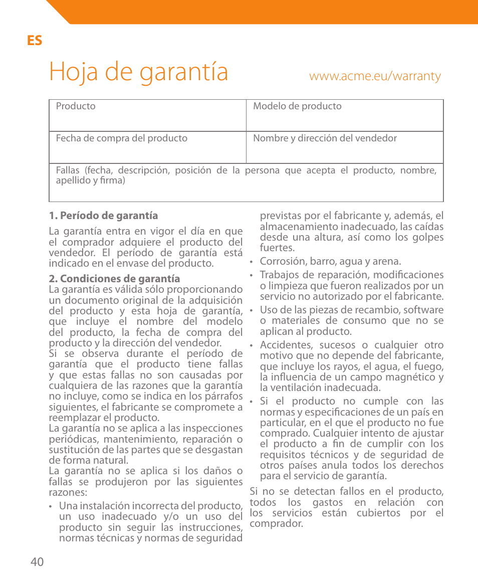 Hoja de garantía | Acme MA05 User Manual | Page 40 / 44