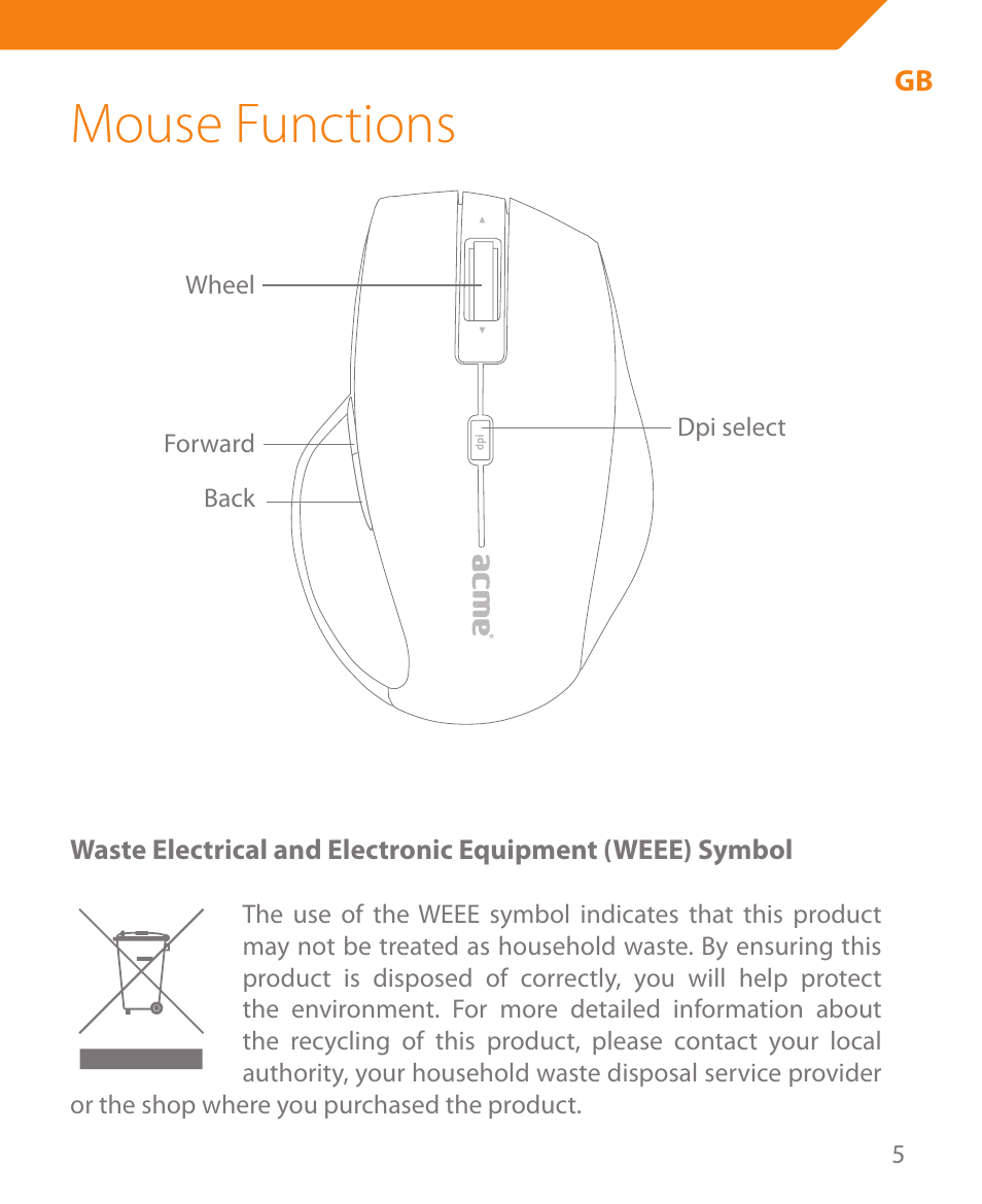 Mouse functions | Acme MA05 User Manual | Page 5 / 44