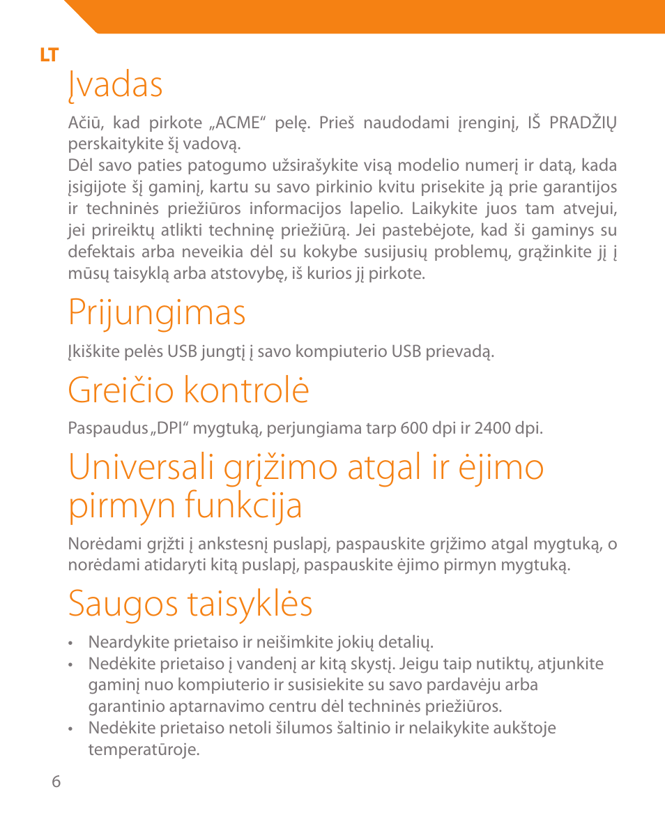 Įvadas, Prijungimas, Greičio kontrolė | Universali grįžimo atgal ir ėjimo pirmyn funkcija, Saugos taisyklės | Acme MA05 User Manual | Page 6 / 44