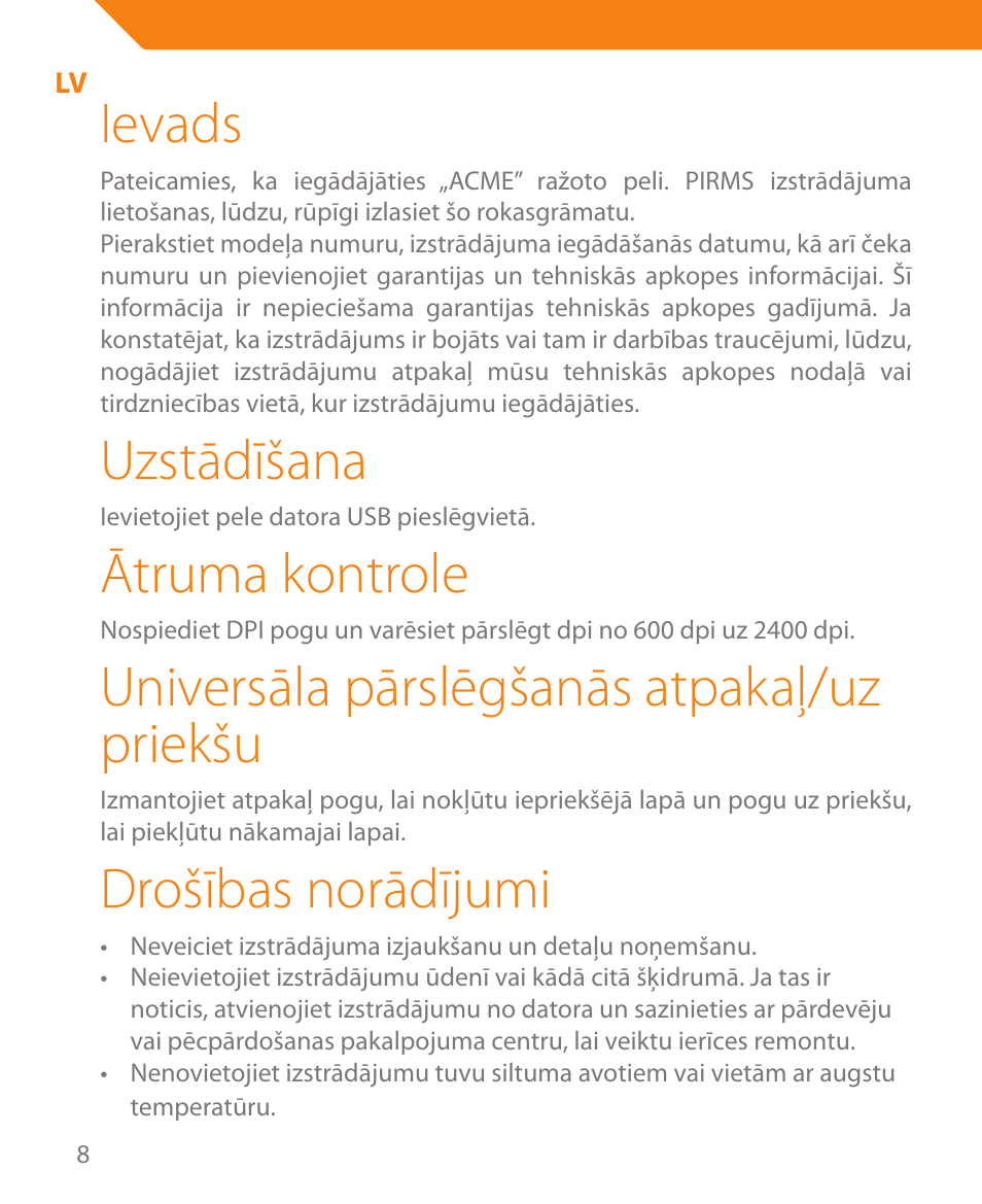 Ievads, Uzstādīšana, Ātruma kontrole | Universāla pārslēgšanās atpakaļ/uz priekšu, Drošības norādījumi | Acme MA05 User Manual | Page 8 / 44
