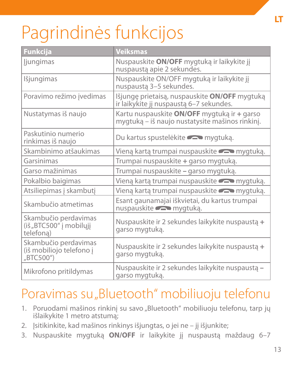 Pagrindinės funkcijos, Poravimas su „bluetooth“ mobiliuoju telefonu | Acme BTC500 User Manual | Page 13 / 44