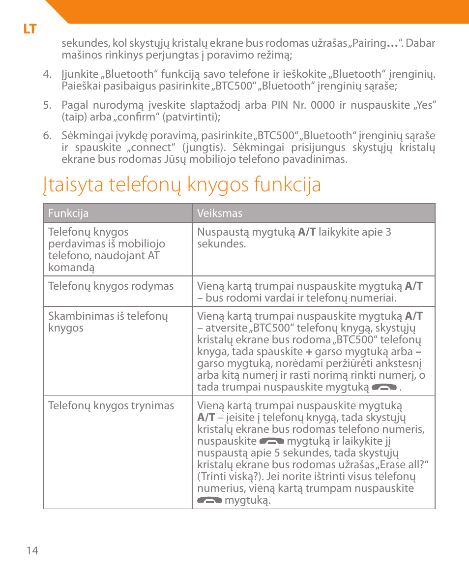 Įtaisyta telefonų knygos funkcija | Acme BTC500 User Manual | Page 14 / 44