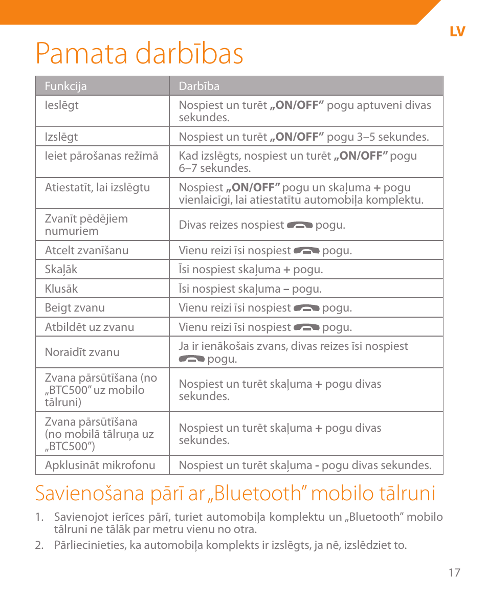 Pamata darbības, Savienošana pārī ar „bluetooth” mobilo tālruni | Acme BTC500 User Manual | Page 17 / 44