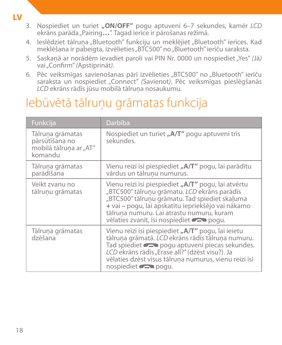 Iebūvētā tālruņu grāmatas funkcija | Acme BTC500 User Manual | Page 18 / 44