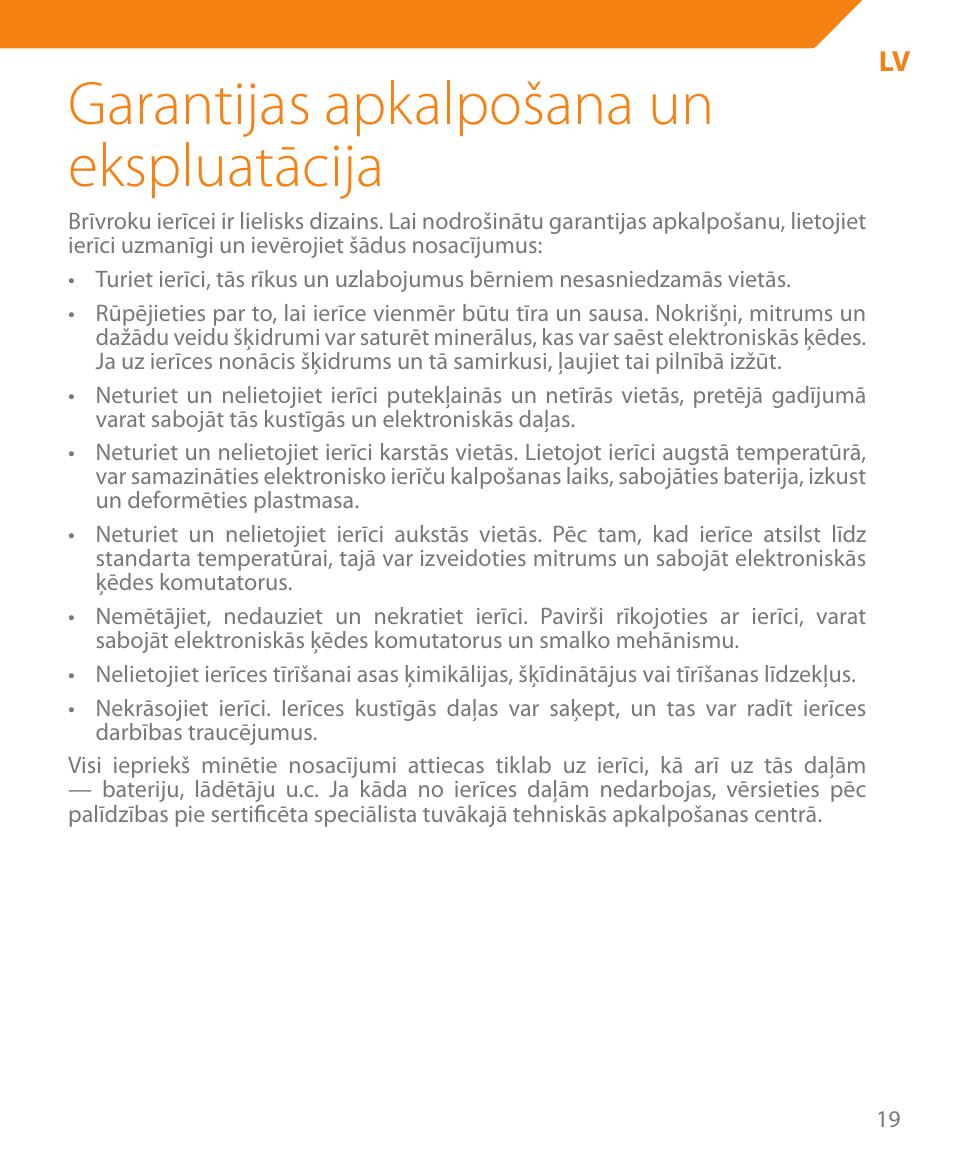 Garantijas apkalpošana un ekspluatācija | Acme BTC500 User Manual | Page 19 / 44