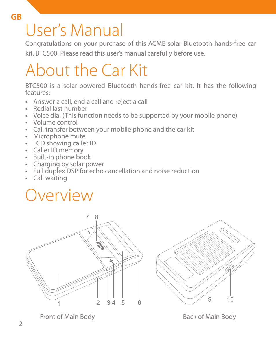 User’s manual, About the car kit, Overview | Acme BTC500 User Manual | Page 2 / 44