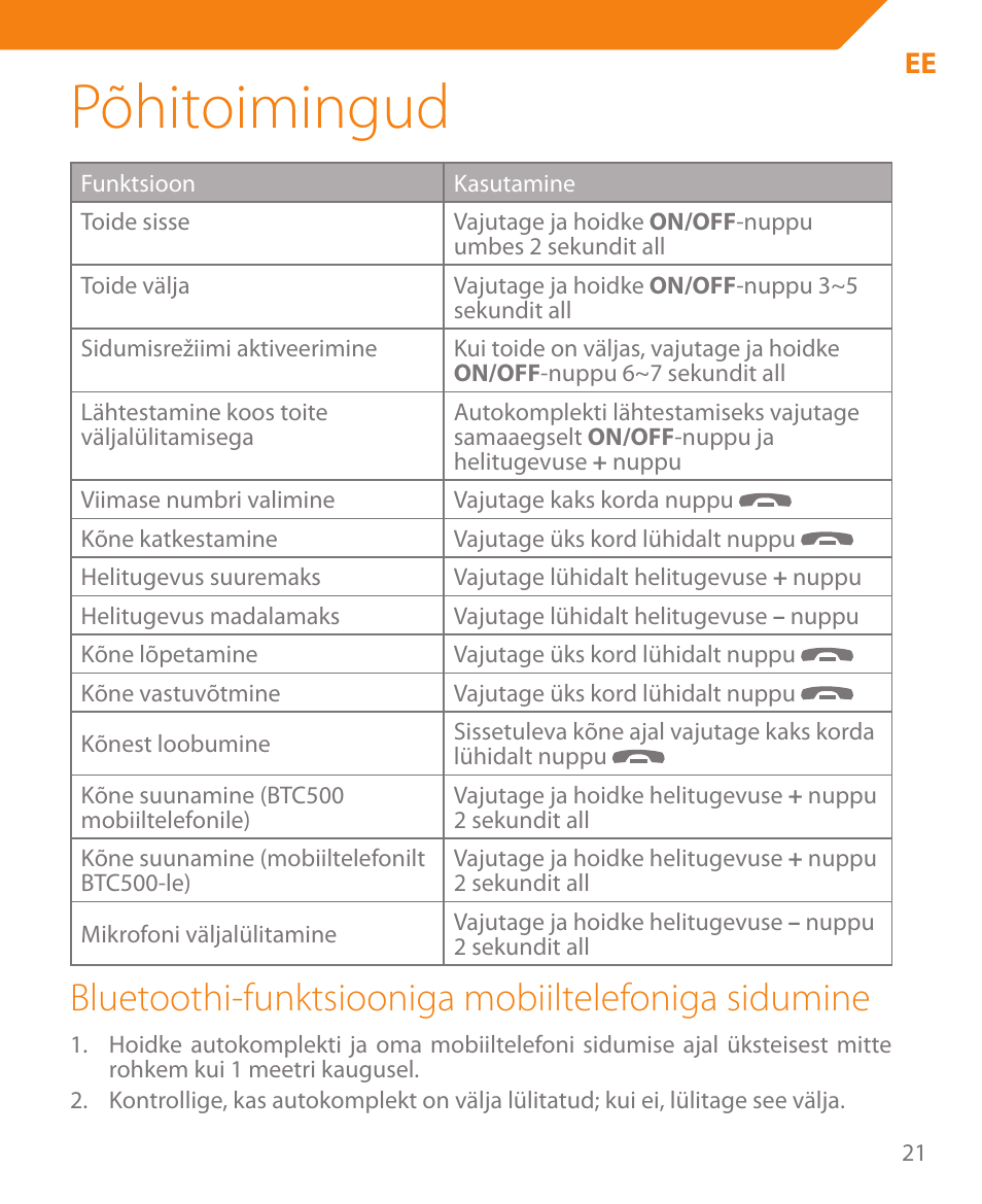 Põhitoimingud, Bluetoothi-funktsiooniga mobiiltelefoniga sidumine | Acme BTC500 User Manual | Page 21 / 44