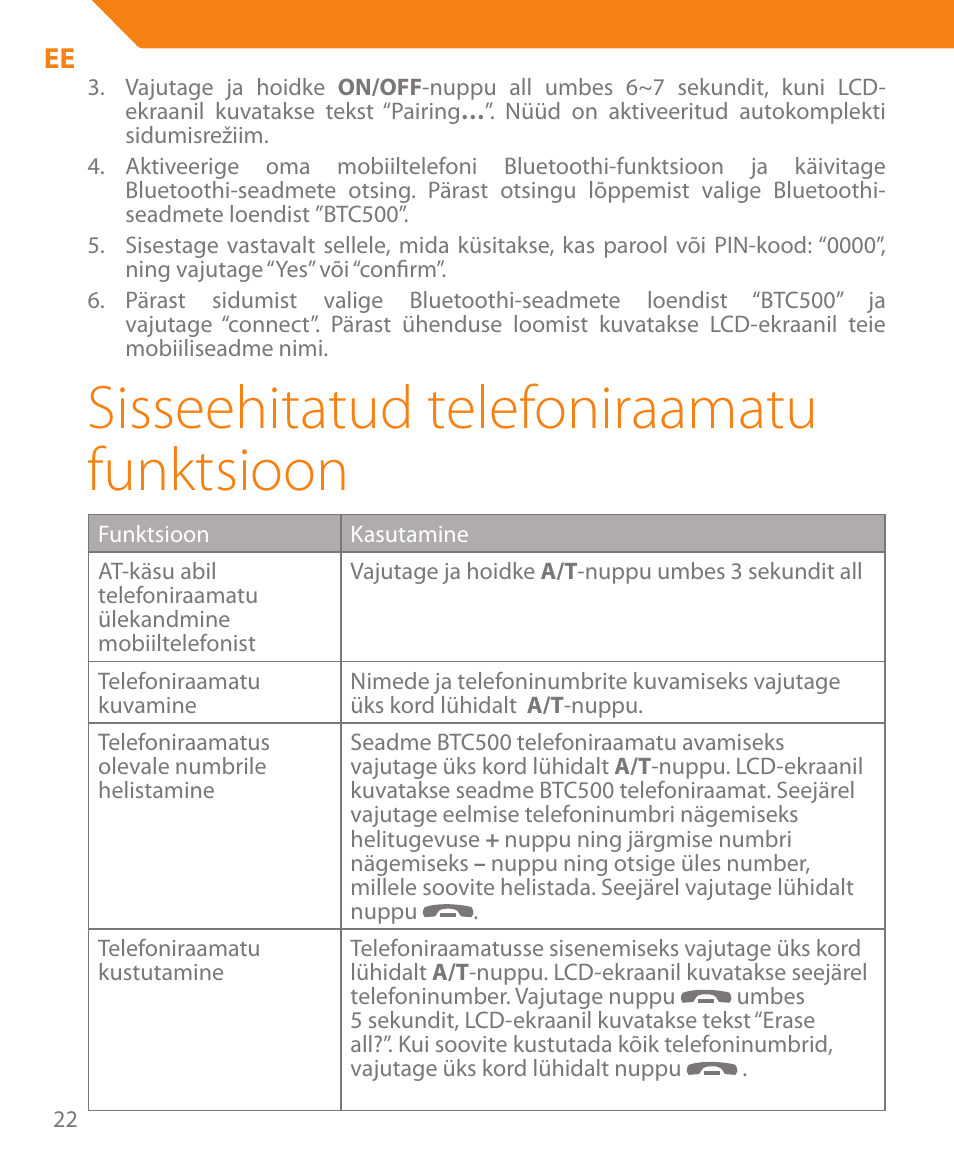 Sisseehitatud telefoniraamatu funktsioon | Acme BTC500 User Manual | Page 22 / 44