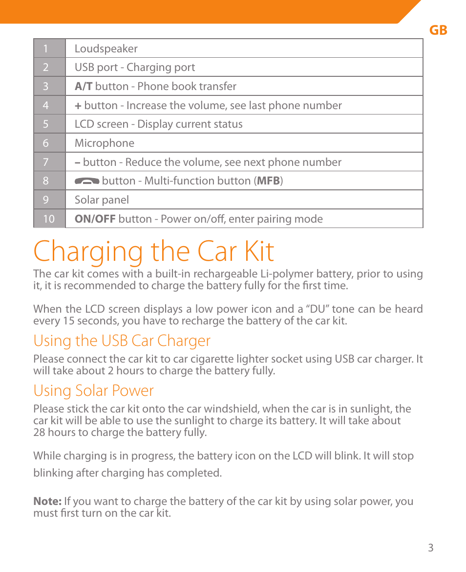 Charging the car kit, Using the usb car charger, Using solar power | Acme BTC500 User Manual | Page 3 / 44