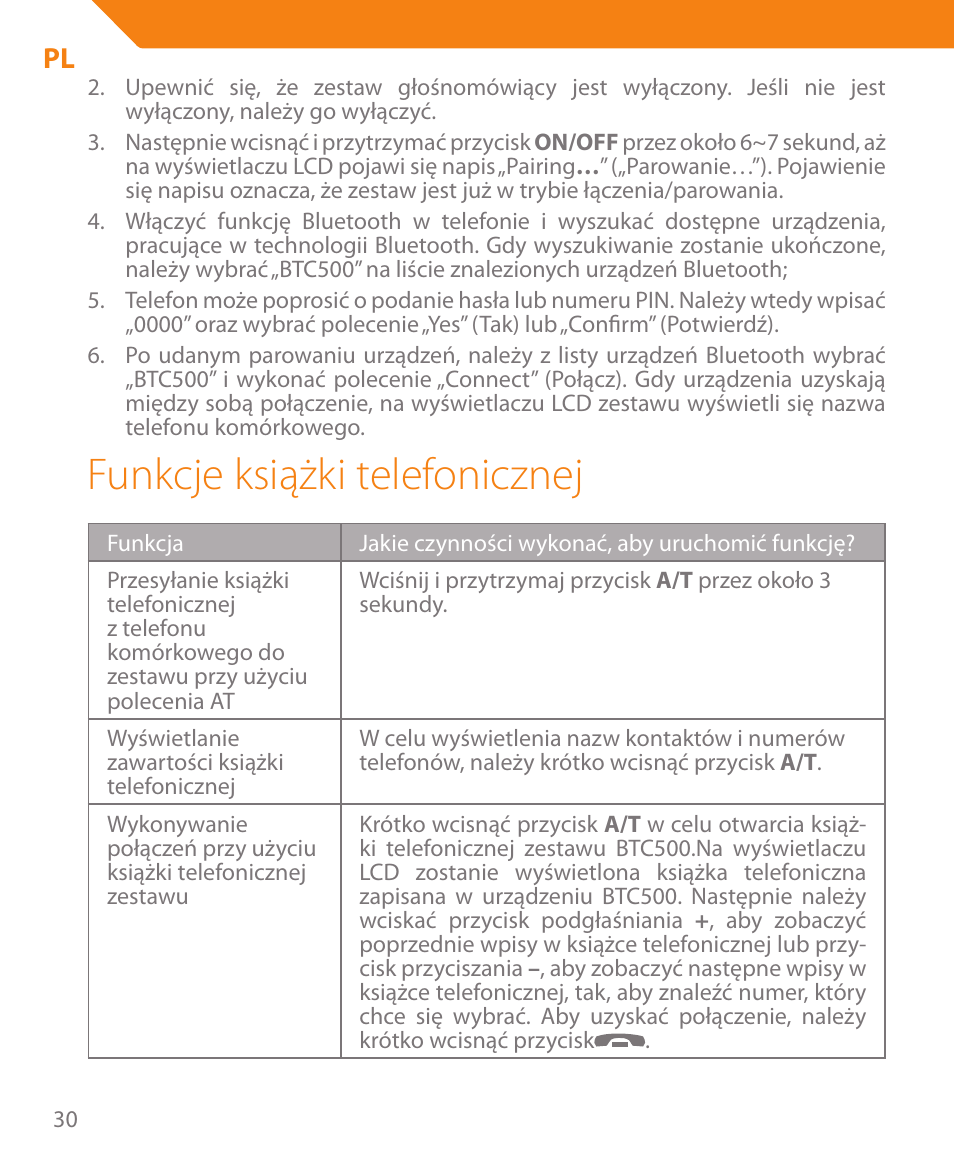 Funkcje książki telefonicznej | Acme BTC500 User Manual | Page 30 / 44