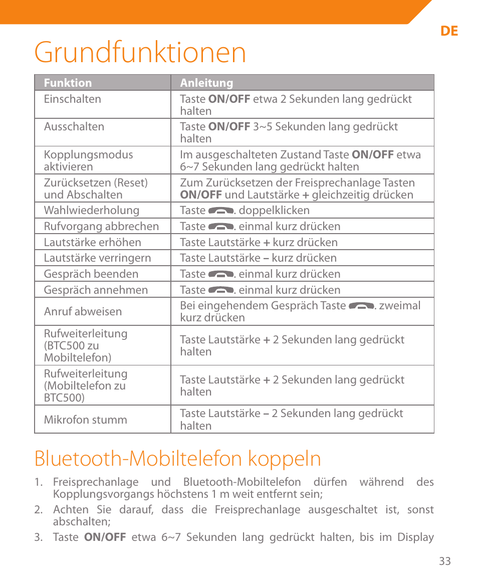 Grundfunktionen, Bluetooth-mobiltelefon koppeln | Acme BTC500 User Manual | Page 33 / 44