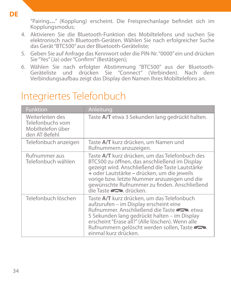 Integriertes telefonbuch | Acme BTC500 User Manual | Page 34 / 44