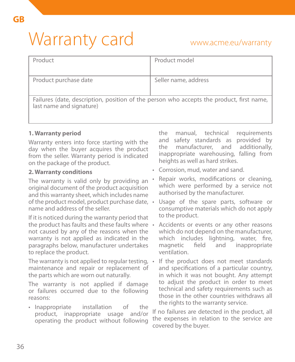 Warranty card | Acme BTC500 User Manual | Page 36 / 44