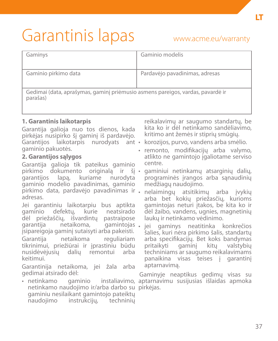 Garantinis lapas | Acme BTC500 User Manual | Page 37 / 44