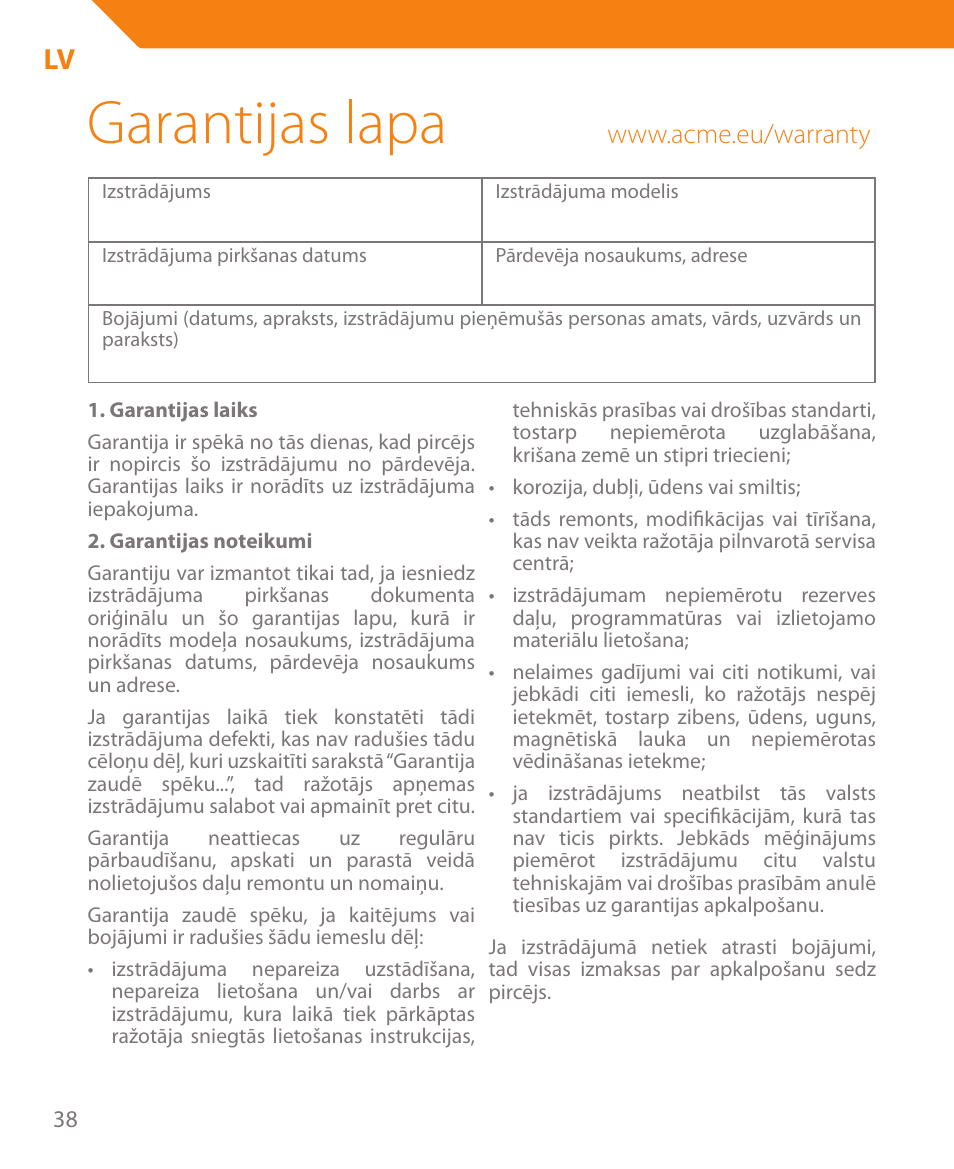 Garantijas lapa | Acme BTC500 User Manual | Page 38 / 44