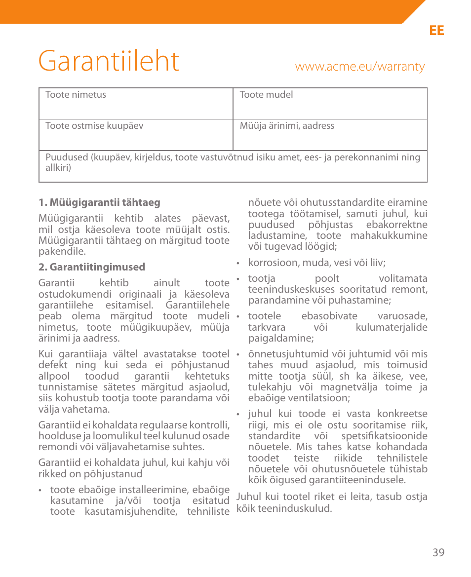 Garantiileht | Acme BTC500 User Manual | Page 39 / 44