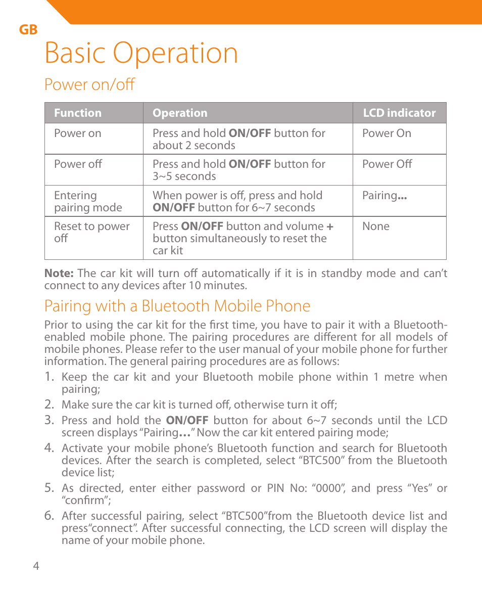 Basic operation, Power on/off, Pairing with a bluetooth mobile phone | Acme BTC500 User Manual | Page 4 / 44