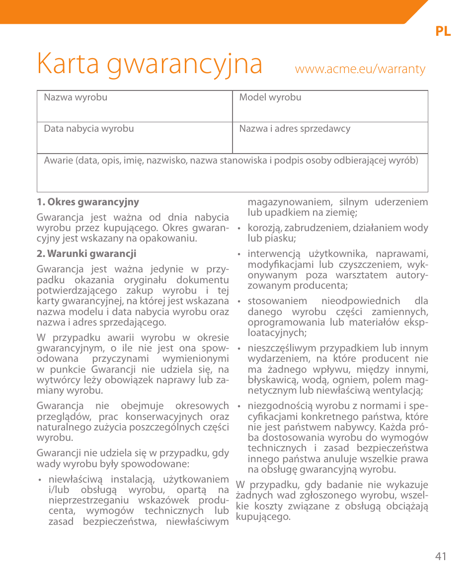 Karta gwarancyjna | Acme BTC500 User Manual | Page 41 / 44