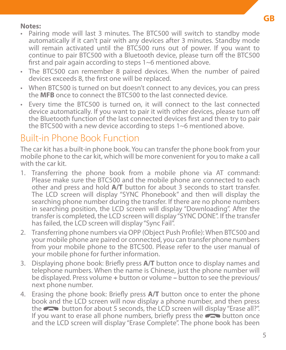 Built-in phone book function | Acme BTC500 User Manual | Page 5 / 44