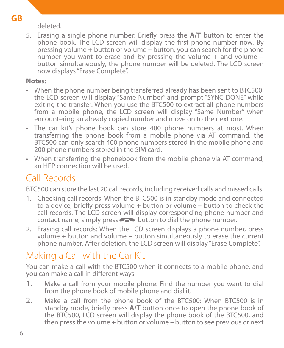 Call records, Making a call with the car kit | Acme BTC500 User Manual | Page 6 / 44