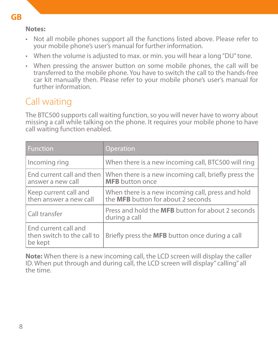 Call waiting | Acme BTC500 User Manual | Page 8 / 44