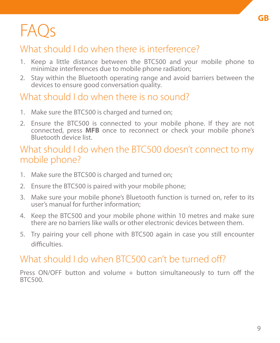 Faqs, What should i do when there is interference, What should i do when there is no sound | What should i do when btc500 can’t be turned off | Acme BTC500 User Manual | Page 9 / 44