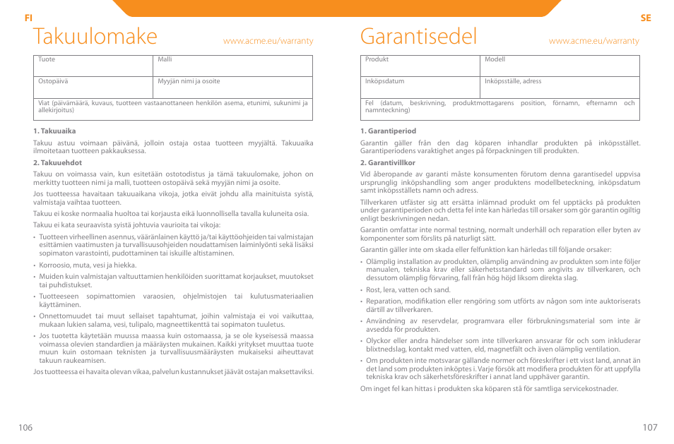 Takuulomake, Garantisedel | Acme PLB110S User Manual | Page 54 / 57