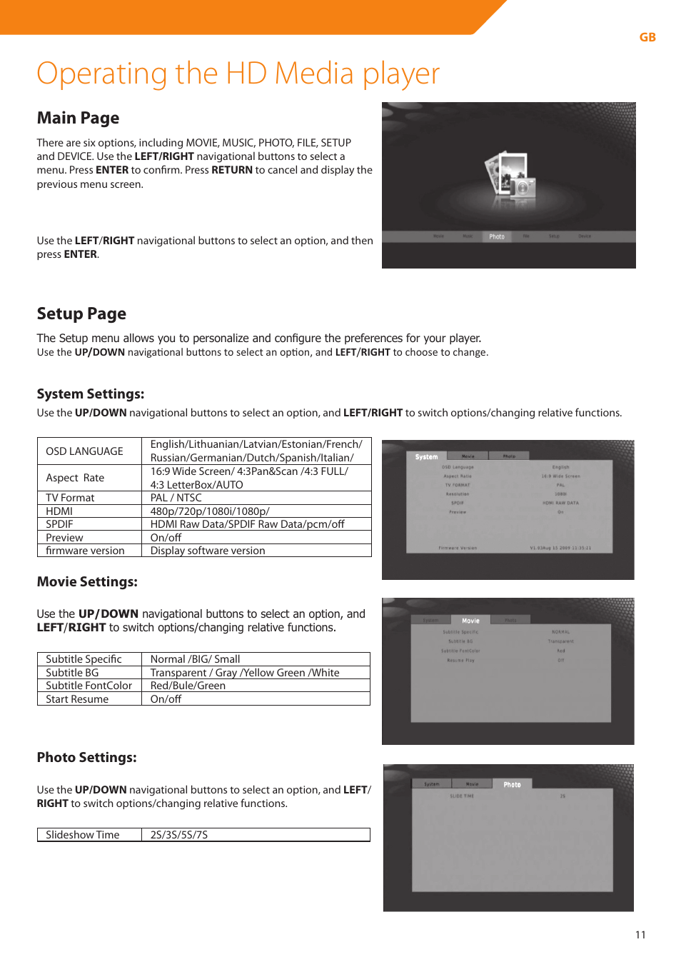 Operating the hd media player, Main page, Setup page | System settings, Movie settings, Photo settings | Acme DP01 User Manual | Page 11 / 164