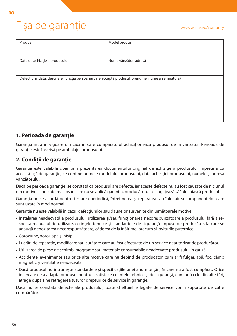 Fişa de garanţie | Acme DP01 User Manual | Page 158 / 164