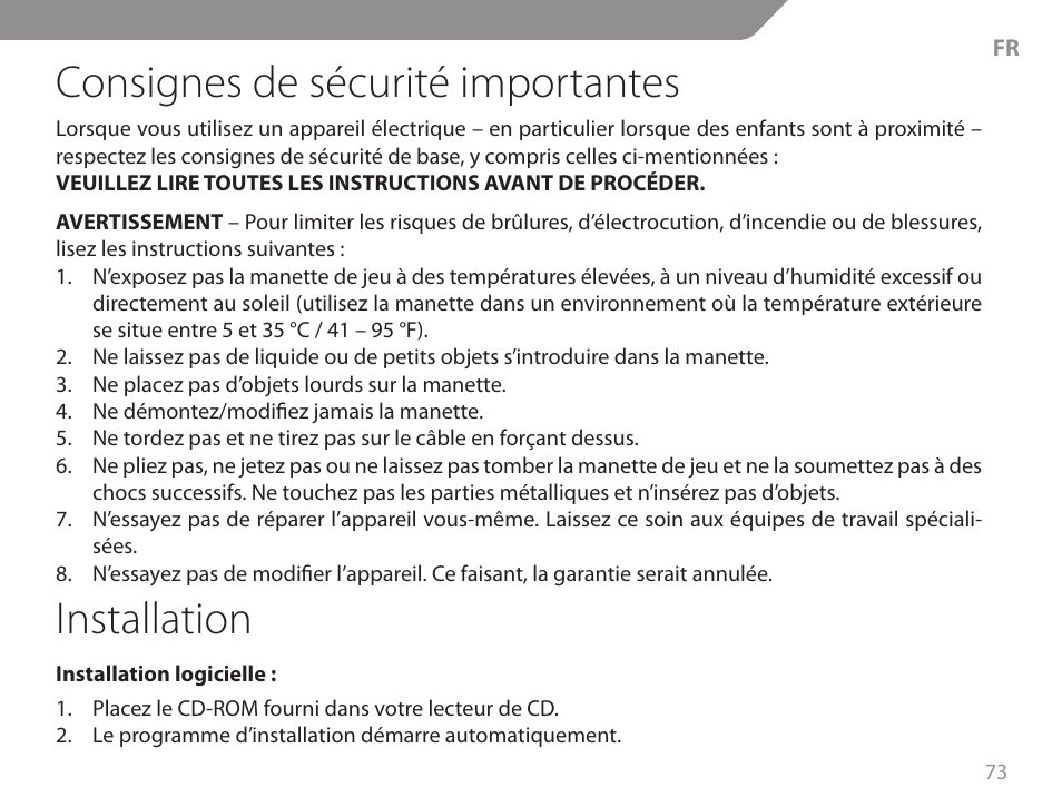 Consignes de sécurité importantes, Installation | Acme GW01 User Manual | Page 73 / 96
