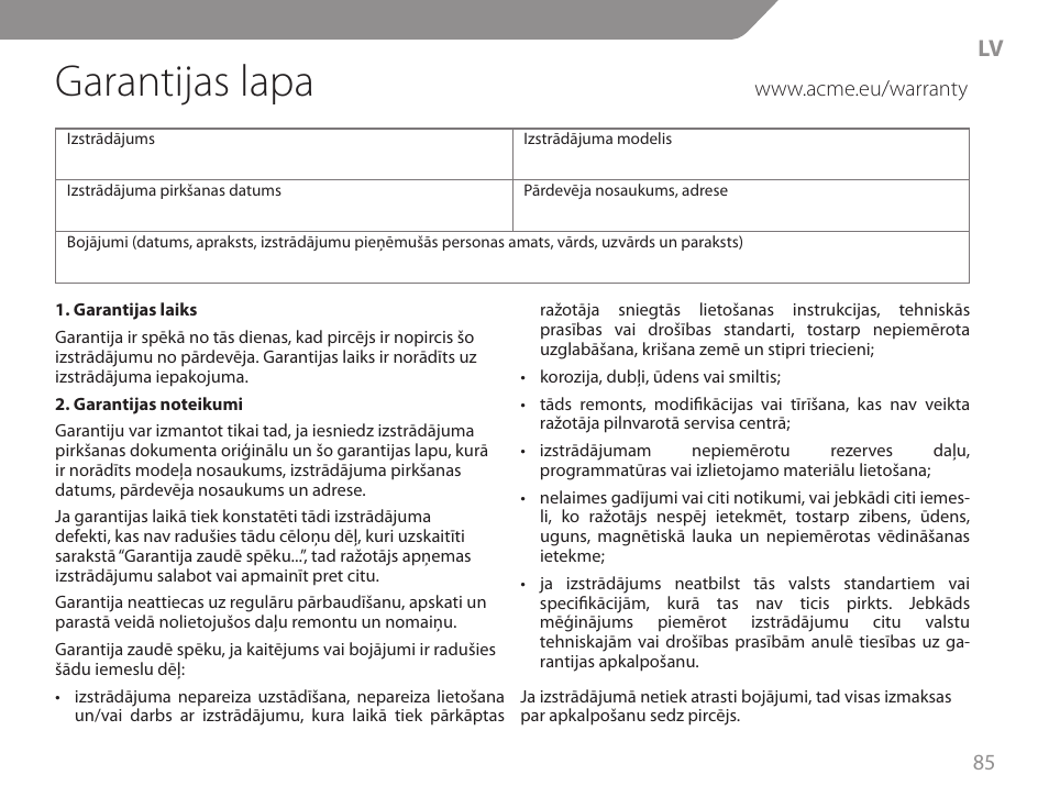 Garantijas lapa | Acme GW01 User Manual | Page 85 / 96