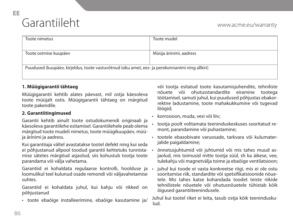 Garantiileht | Acme GW01 User Manual | Page 86 / 96