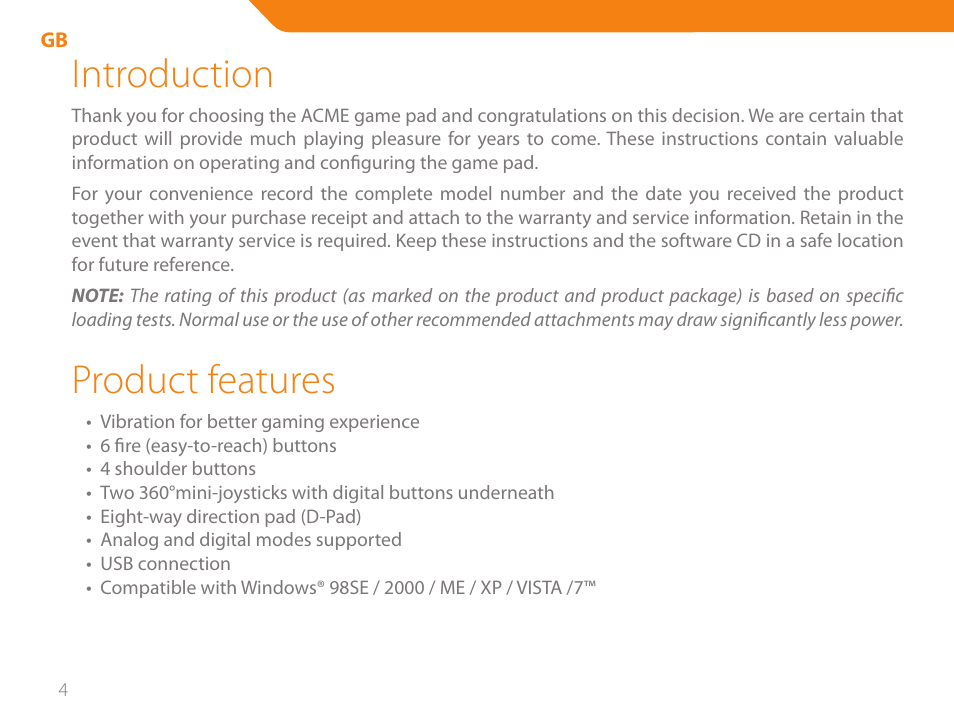 Introduction, Product features | Acme GA05 User Manual | Page 4 / 88