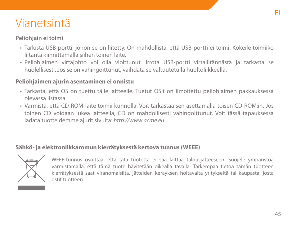 Vianetsintä | Acme GA05 User Manual | Page 45 / 88