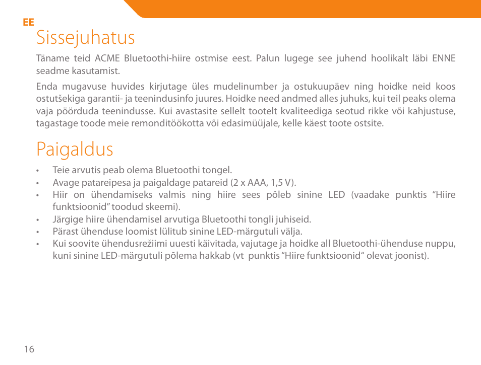 Sissejuhatus, Paigaldus | Acme MB01 User Manual | Page 16 / 70