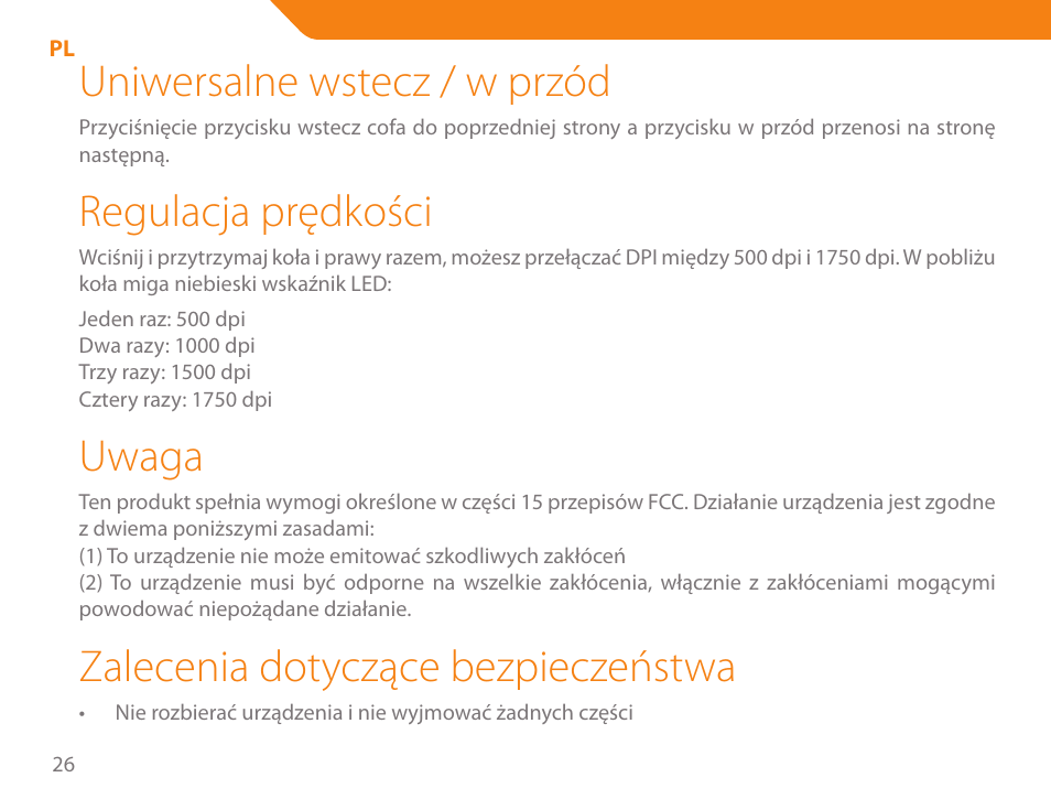 Uniwersalne wstecz / w przód, Regulacja prędkości, Uwaga | Zalecenia dotyczące bezpieczeństwa | Acme MB01 User Manual | Page 26 / 70